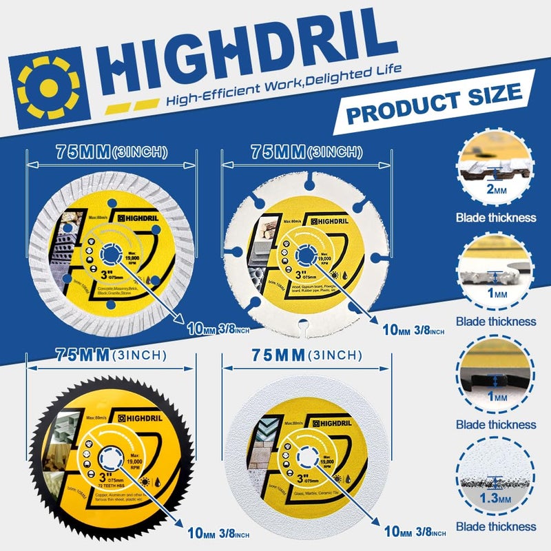 HIGHDRIL 3" 75mm Circular Saw Blade Set 4pcs - Diamond/HSS/Carbide Cutting Disc for Angle Grinder Cutting Soft Metal Copper Aluminum Granite Tile Marble Granite Plastic Wood Glass - Image 2